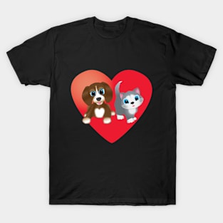 Brown Dog and Cat on Red Heart T-Shirt